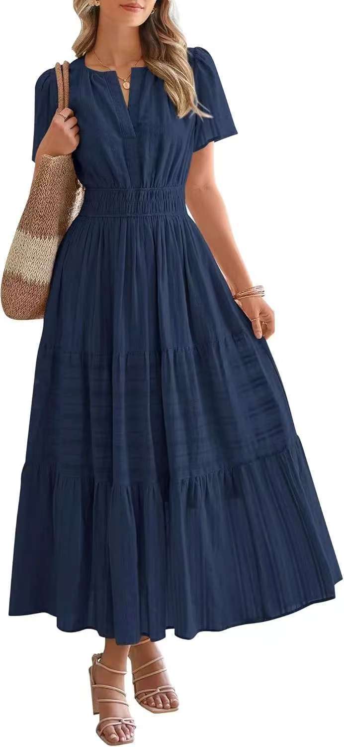 Lightweight Summer Maxi Dress with Pockets, V-Neck & Elastic Waist