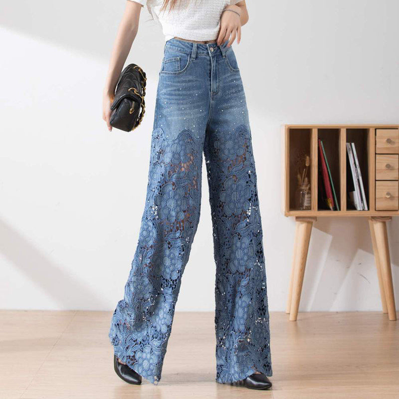 Women's High-Waisted Blue Denim Wide-Leg Pants