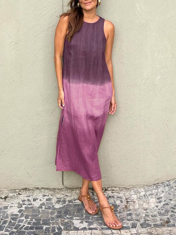Casual cotton and linen slit gradient tie-dye long dress(buy 2 free shipping)