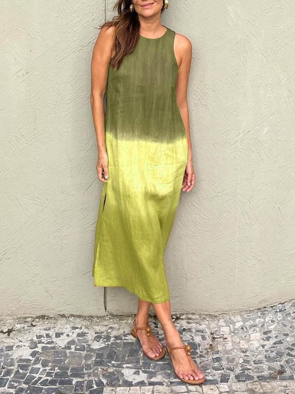 Casual cotton and linen slit gradient tie-dye long dress(buy 2 free shipping)