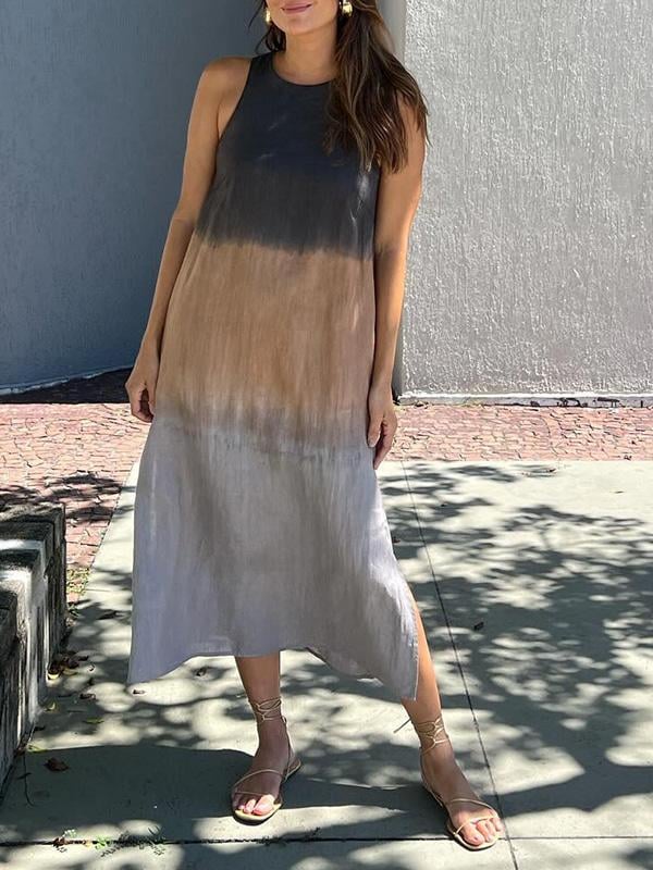 Casual cotton and linen slit gradient tie-dye long dress(buy 2 free shipping)