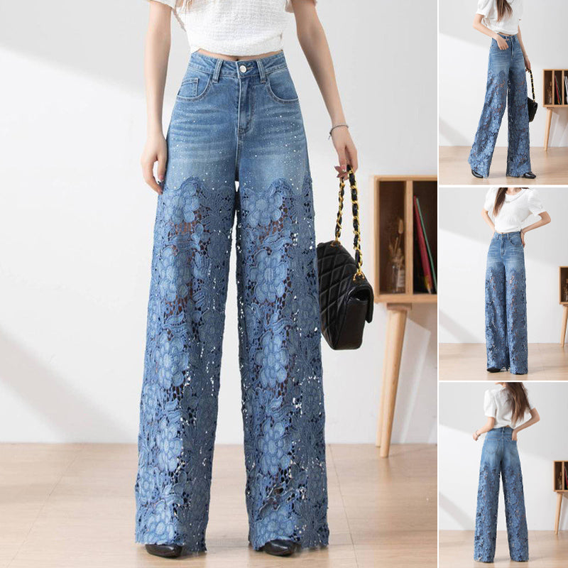 Women's High-Waisted Blue Denim Wide-Leg Pants