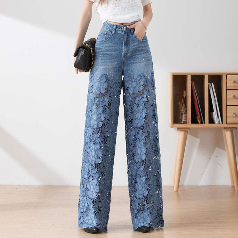 Women's High-Waisted Blue Denim Wide-Leg Pants