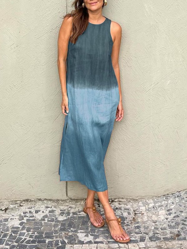 Casual cotton and linen slit gradient tie-dye long dress(buy 2 free shipping)