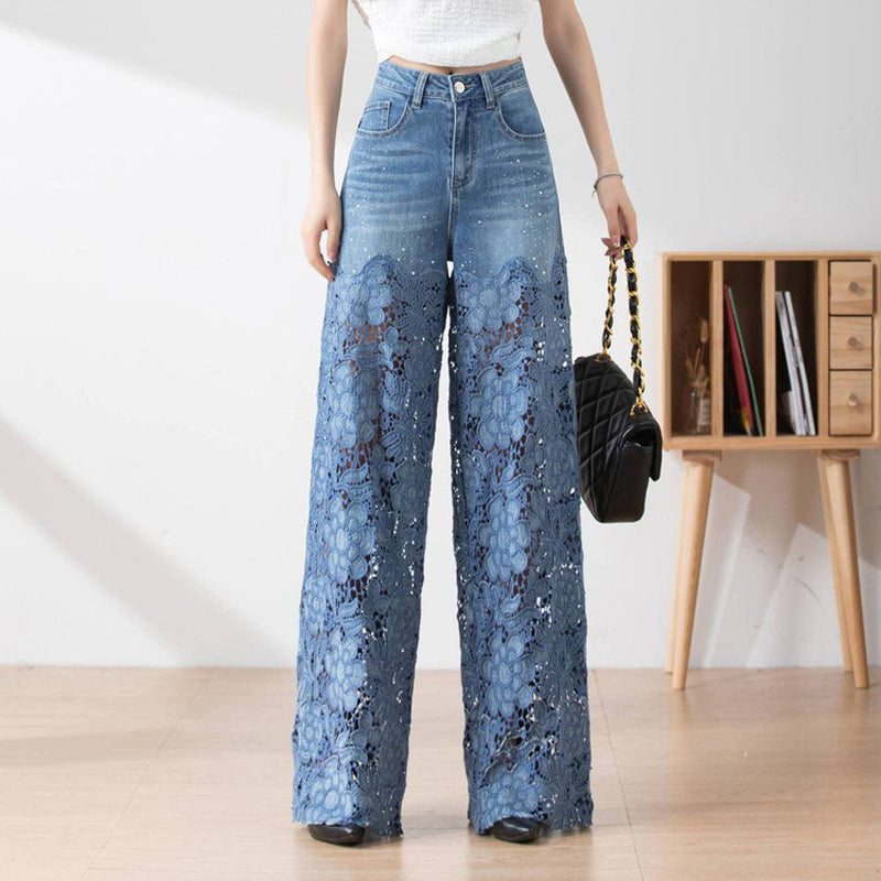 Women's High-Waisted Blue Denim Wide-Leg Pants