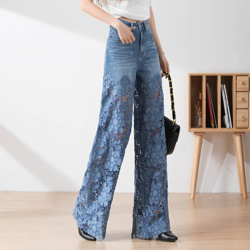 Women's High-Waisted Blue Denim Wide-Leg Pants