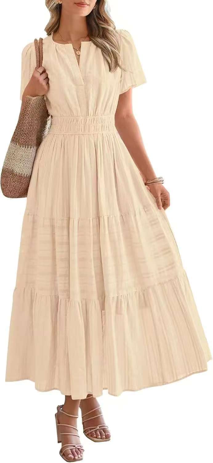 Lightweight Summer Maxi Dress with Pockets, V-Neck & Elastic Waist