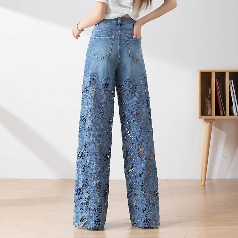 Women's High-Waisted Blue Denim Wide-Leg Pants