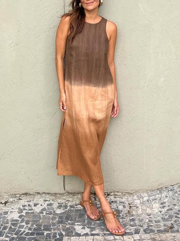 Casual cotton and linen slit gradient tie-dye long dress(buy 2 free shipping)