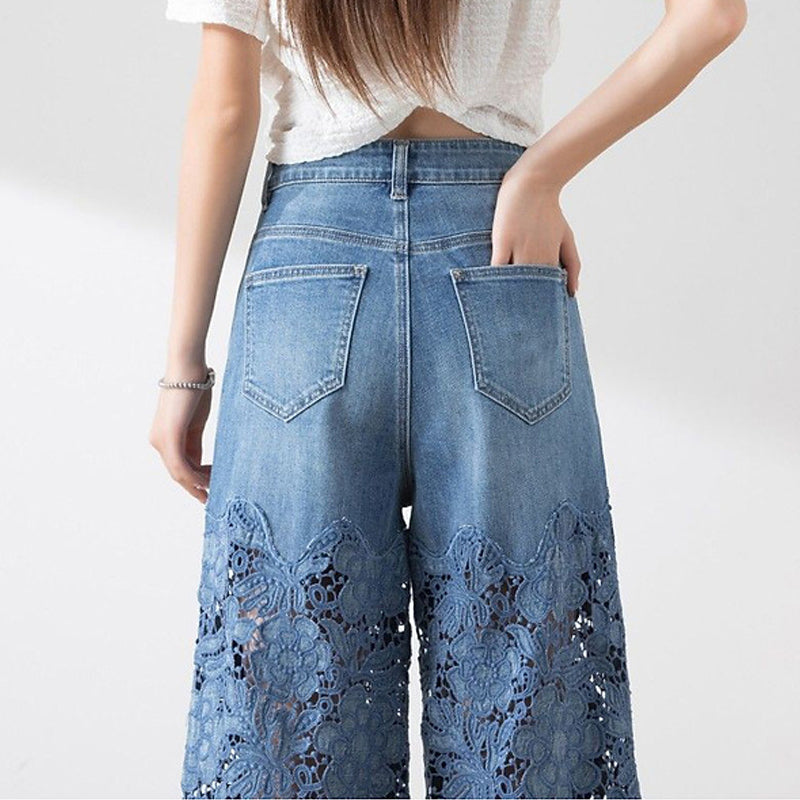 Women's High-Waisted Blue Denim Wide-Leg Pants