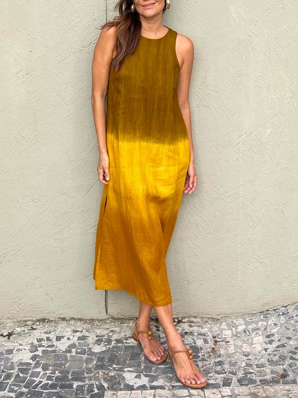 Casual cotton and linen slit gradient tie-dye long dress(buy 2 free shipping)