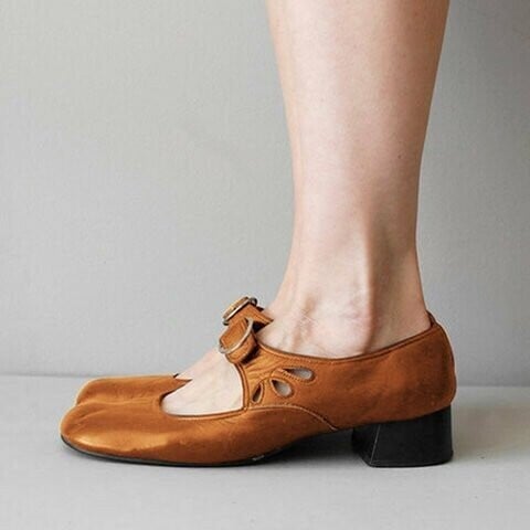 Mary Jane Leather Comfortable Low-Heeled Buckle Strap Shoes