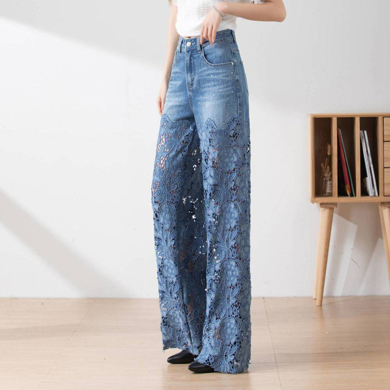 Women's High-Waisted Blue Denim Wide-Leg Pants