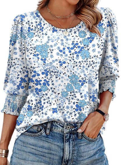 Women Dressy Casual 3/4 Length Sleeve Blouses with Smocked Cuffs