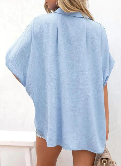 🧥Women's Casual Button Short Sleeve Slit Hem Shirt Solid Color Tops