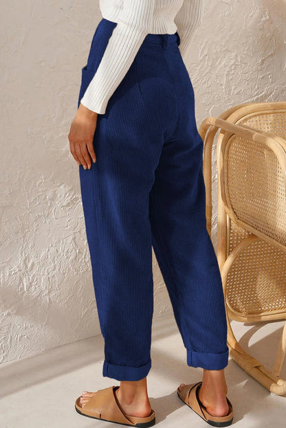 Mid Rise Button Zipper Side Pocket Corduroy Casual Pants