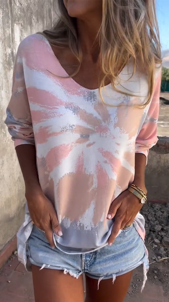 Women's V-neck Knitted Tie-dye Casual Top