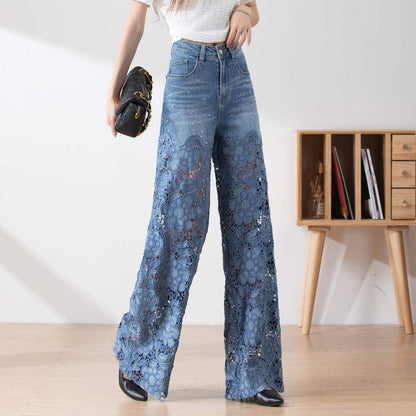 Women's High-Waisted Blue Denim Wide-Leg Pants