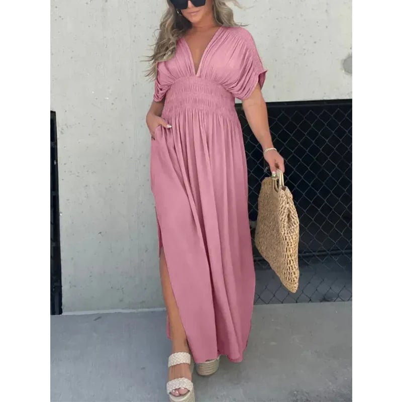 Slit V-neck casual long dress