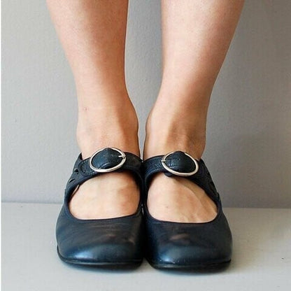 Mary Jane Leather Comfortable Low-Heeled Buckle Strap Shoes