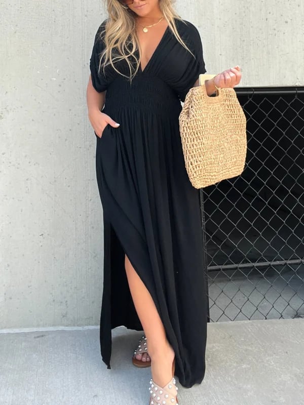 Slit V-neck casual long dress
