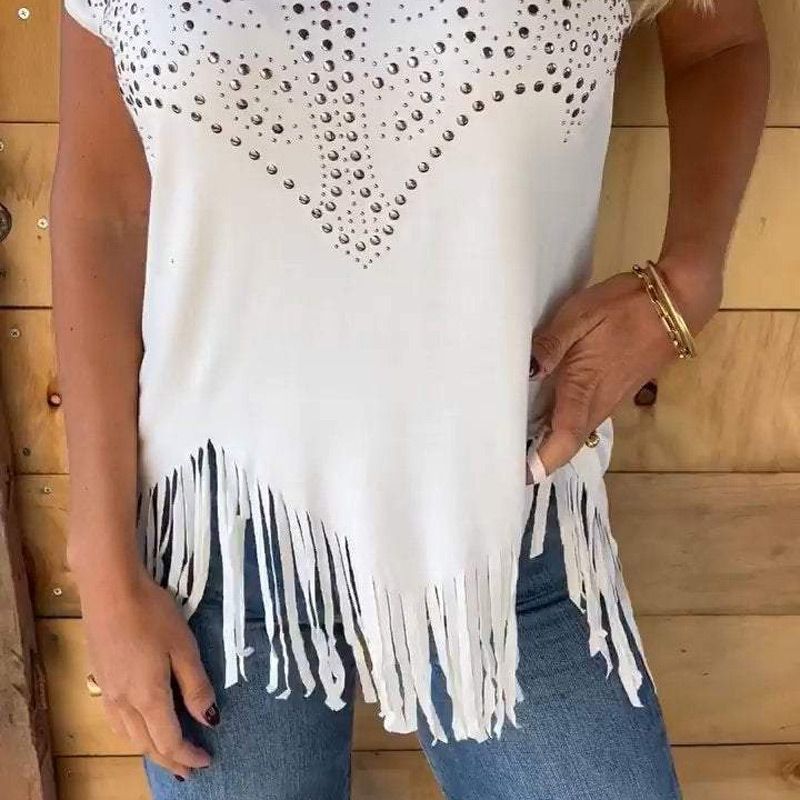 Women's Solid Colour Short Sleeve T-shirt With Hot Print And Frayed Hem