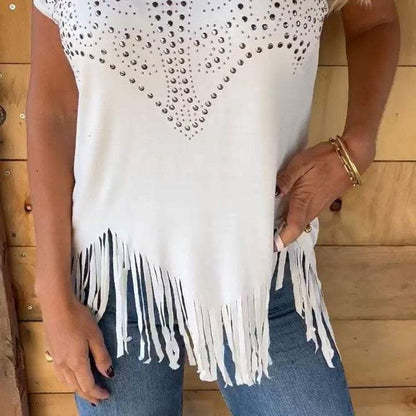 Women's Solid Colour Short Sleeve T-shirt With Hot Print And Frayed Hem
