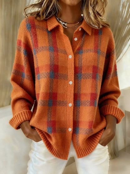 Plaid Button-Up Knit Sweater