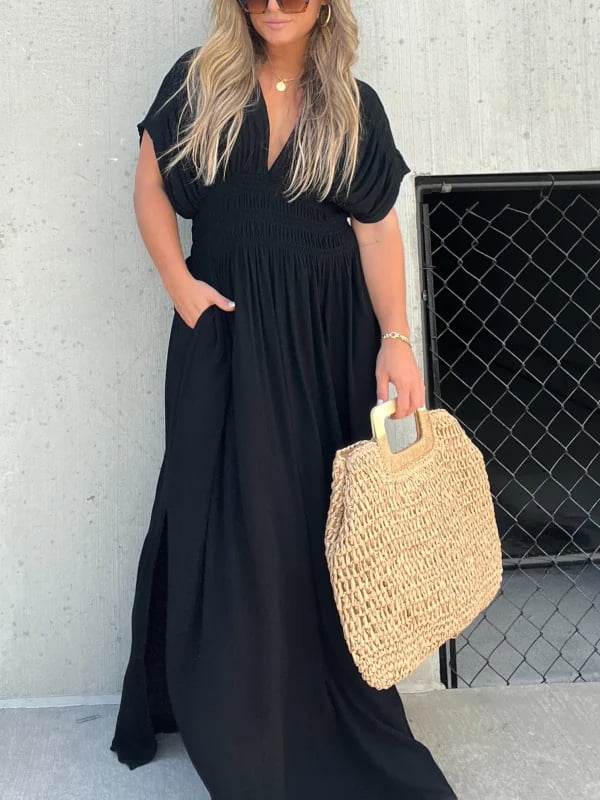 Slit V-neck casual long dress