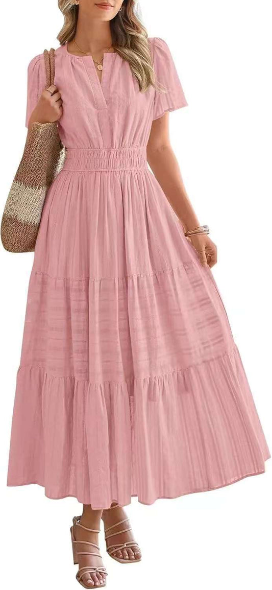 Lightweight Summer Maxi Dress with Pockets, V-Neck & Elastic Waist