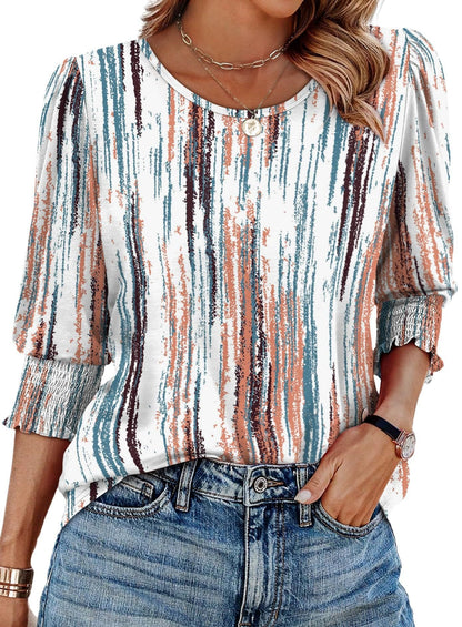 Women Dressy Casual 3/4 Length Sleeve Blouses with Smocked Cuffs