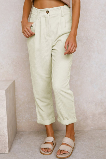 Mid Rise Button Zipper Side Pocket Corduroy Casual Pants