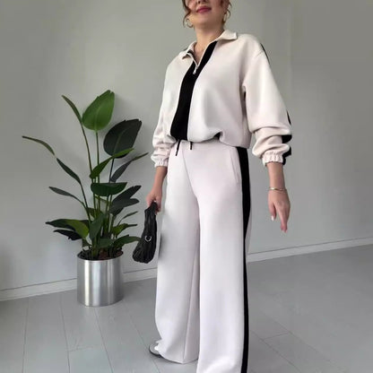 Women's Zipper Lapel Tops & Pants 2-Piece Set