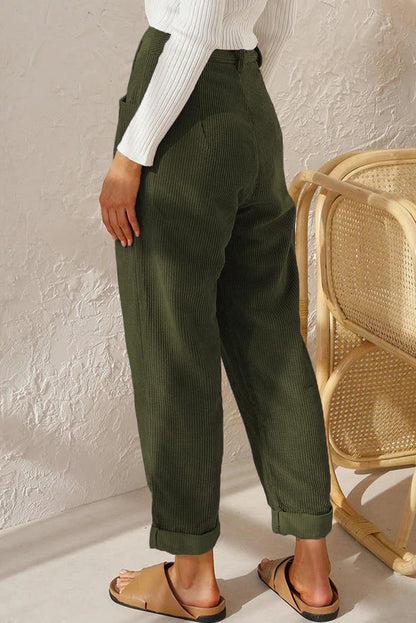 Mid Rise Button Zipper Side Pocket Corduroy Casual Pants