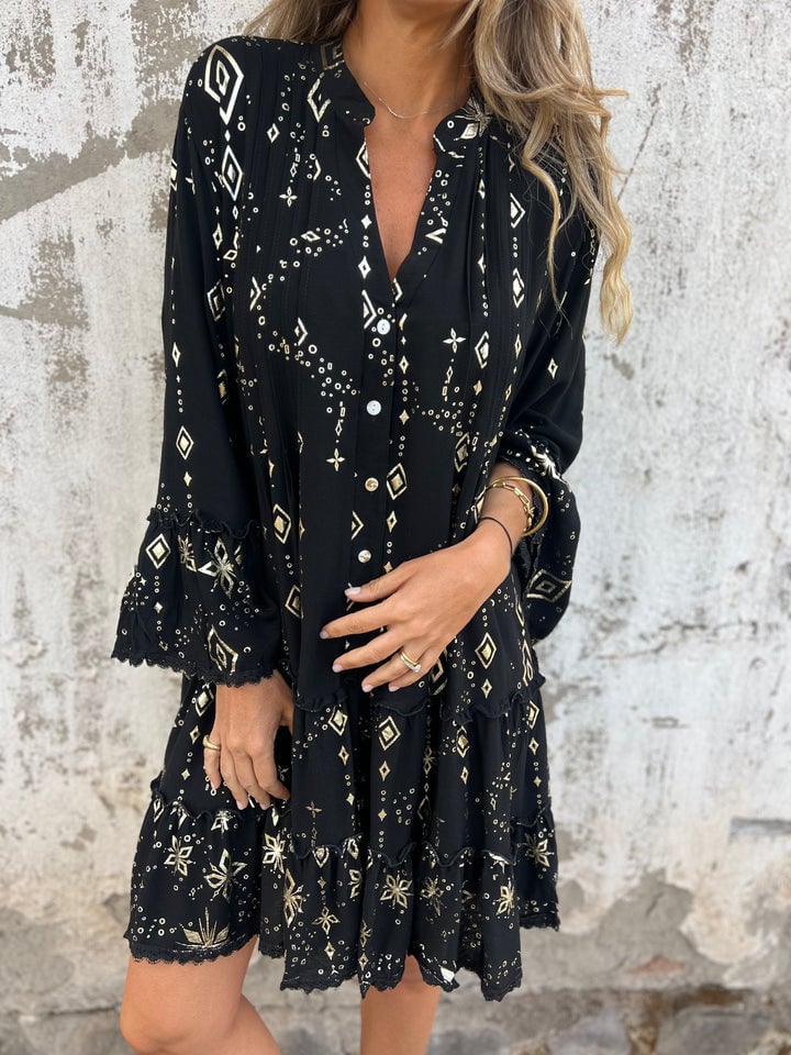 Positioning Printed V Neck Waist Tight Petti dress Holiday Dress