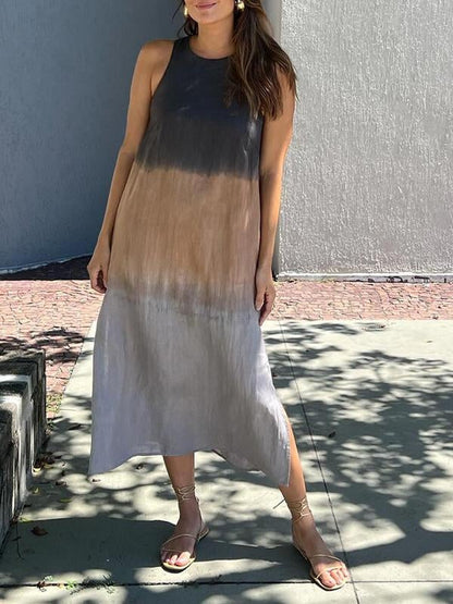 Casual cotton and linen slit gradient tie-dye long dress(buy 2 free shipping)