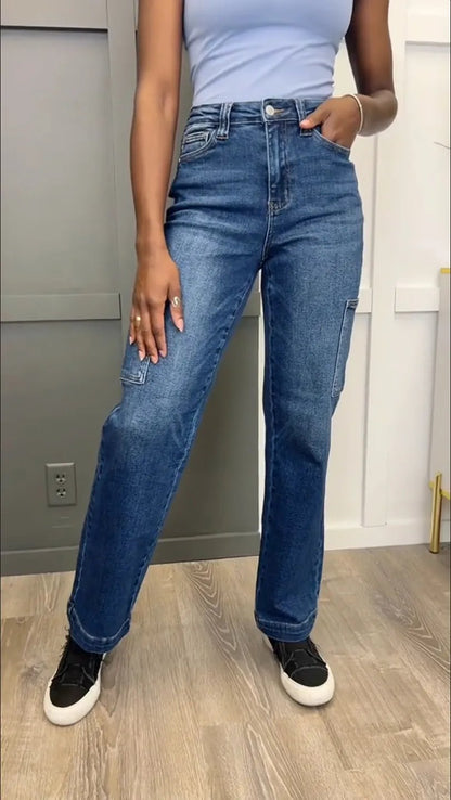 Tummy Control High Rise Cargo Wide Leg Jeans