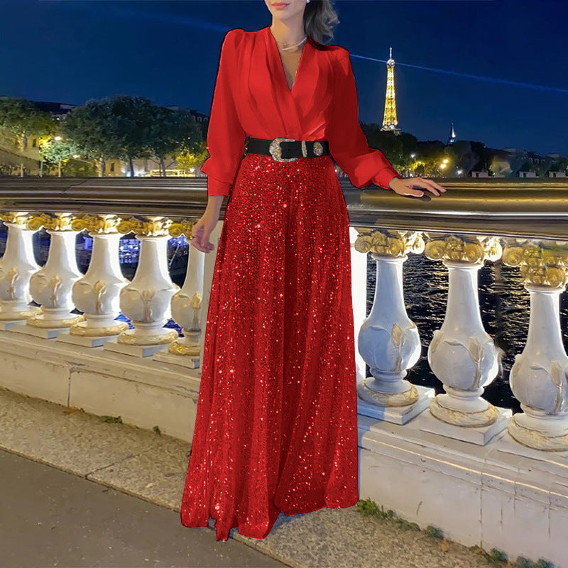 ❤️New v-neck sequined wide-leg pants two-piece sets