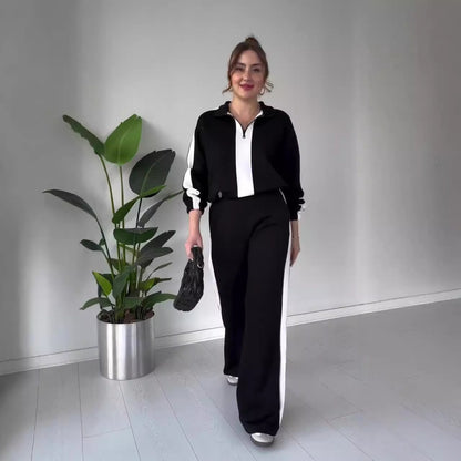 Women's Zipper Lapel Tops & Pants 2-Piece Set