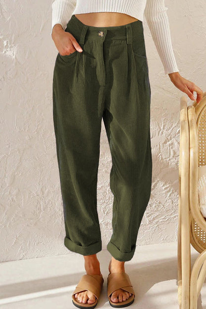 Mid Rise Button Zipper Side Pocket Corduroy Casual Pants