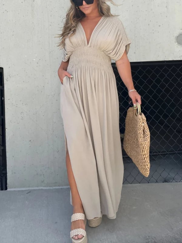 Slit V-neck casual long dress
