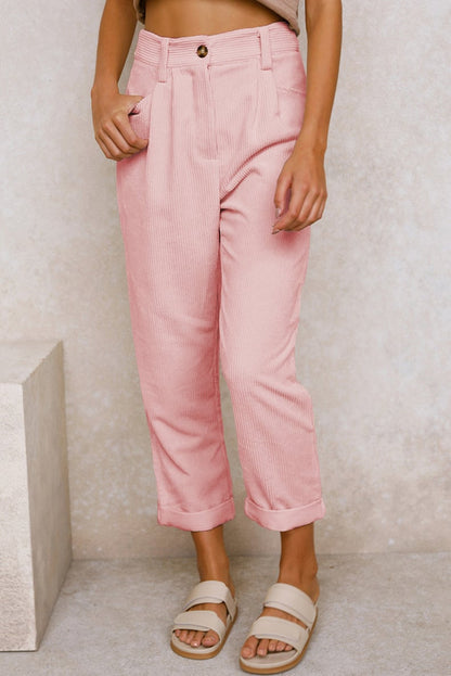 Mid Rise Button Zipper Side Pocket Corduroy Casual Pants