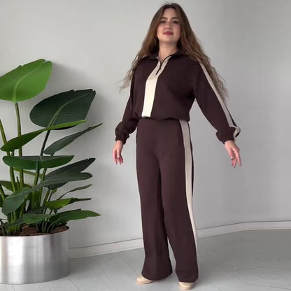 Women's Zipper Lapel Tops & Pants 2-Piece Set