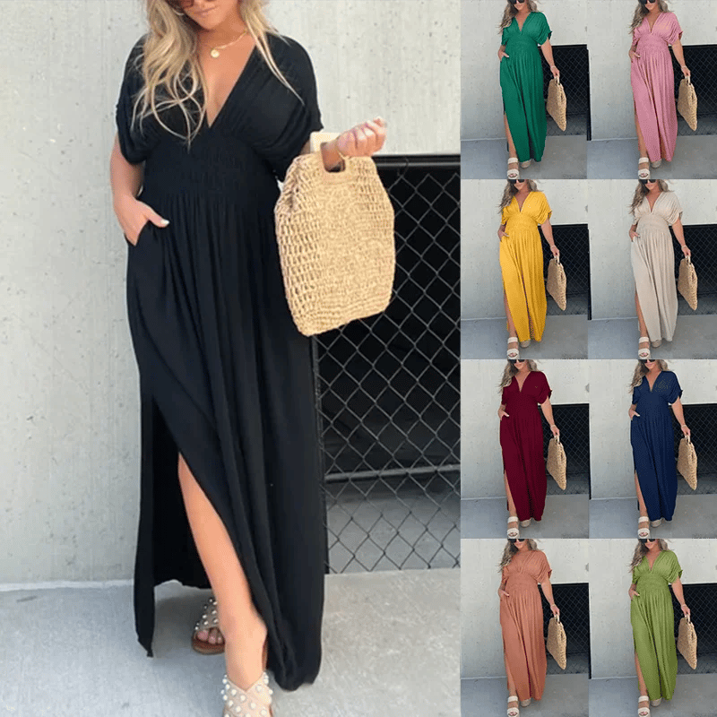 Slit V-neck casual long dress