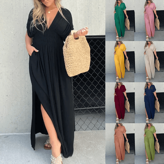 Slit V-neck casual long dress