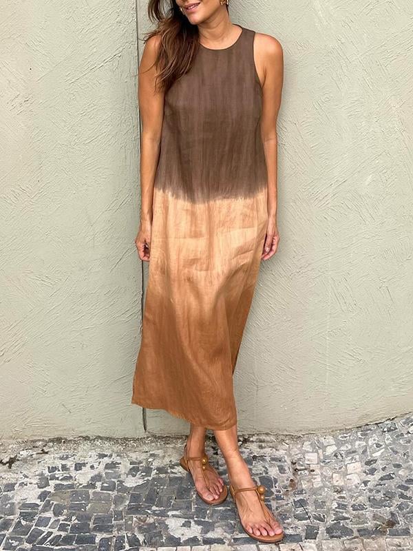 Casual cotton and linen slit gradient tie-dye long dress(buy 2 free shipping)