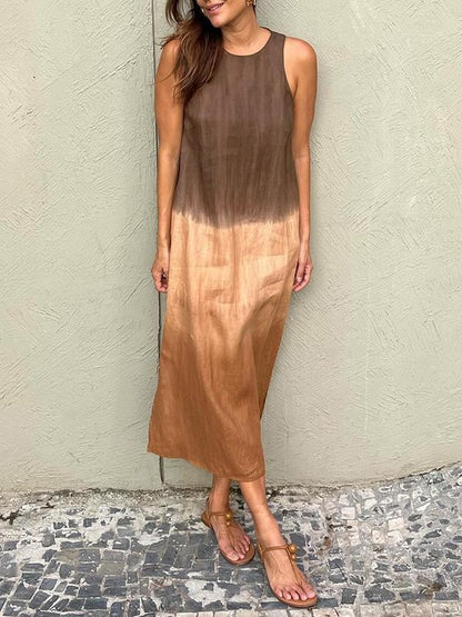 Casual cotton and linen slit gradient tie-dye long dress(buy 2 free shipping)