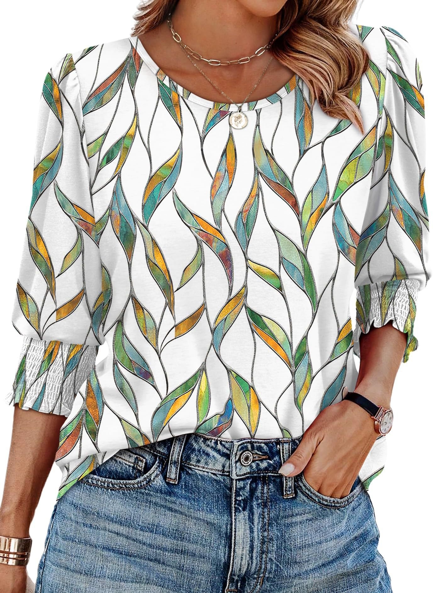 Women Dressy Casual 3/4 Length Sleeve Blouses with Smocked Cuffs