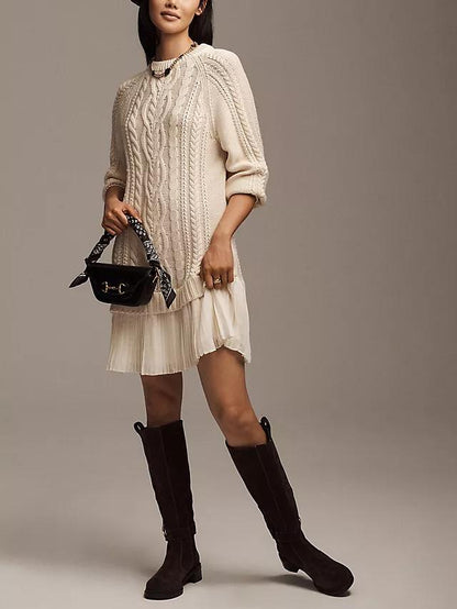 🔥 2025 Hot Sale 🔥🎁🧥Women's Round Neck Cable Knit Sweater Mini Skirt