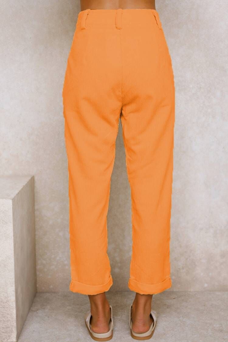 Mid Rise Button Zipper Side Pocket Corduroy Casual Pants